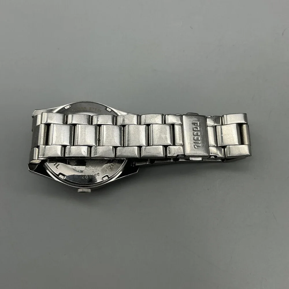 Fossil 2515 Mens Watch 39mm Orange Dial Silver Tone Date New Battery 6.75